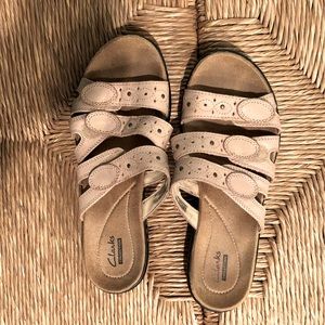 Clarks, tan slip on sandals